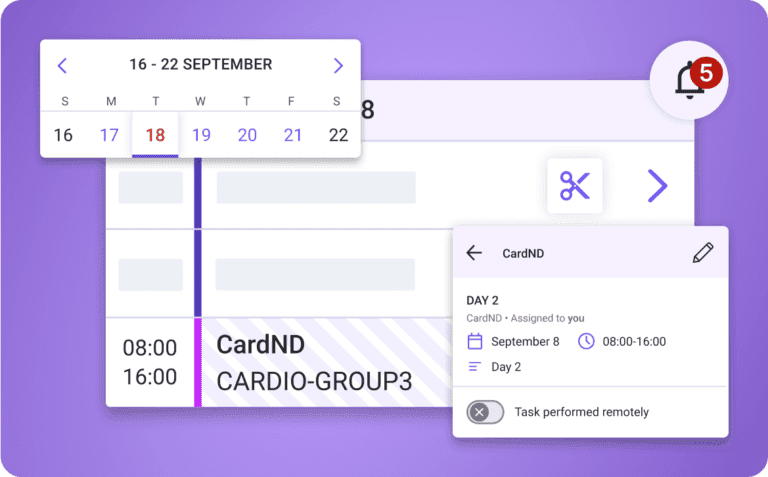White and mauve product screens from Petal Scheduling lay atop a purple background.
