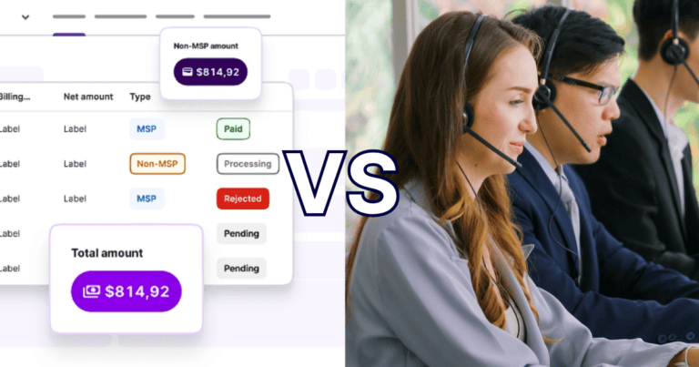 A split screen with "Vs." in the middle: on the left is a screenshot of Petal Billing software and on the right is a photo of call centre agents.
