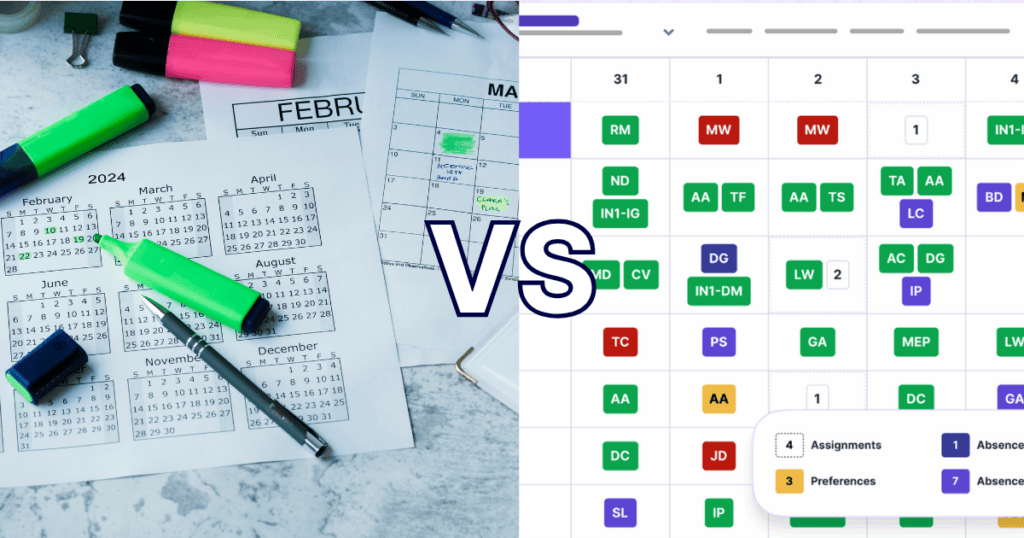 Separated by "VS" text, the left image shows a table covered with paper calendars and highlighters, and the right image shows a Petal Automated Scheduling calendar screenshot.