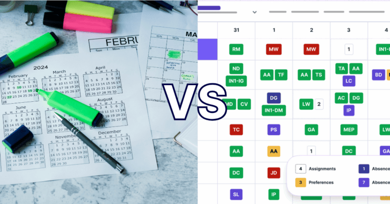 Separated by "VS" text, the left image shows a table covered with paper calendars and highlighters, and the right image shows a Petal Automated Scheduling calendar screenshot.