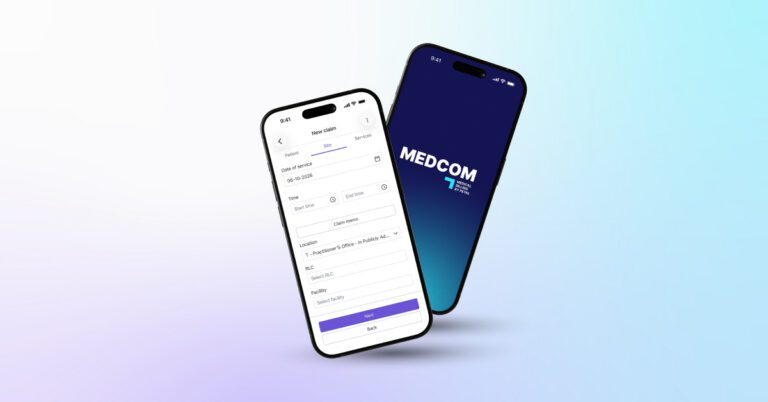 A product image of Medcom's billing app on two smartphones with a pink and blue background.