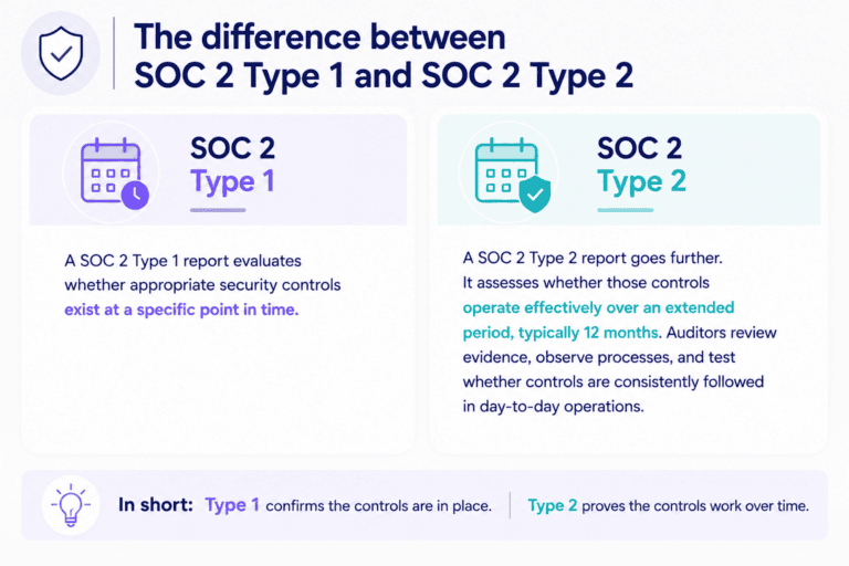 A graphic compares SOC 2 Type 1 and SOC Type 2 evaluations.