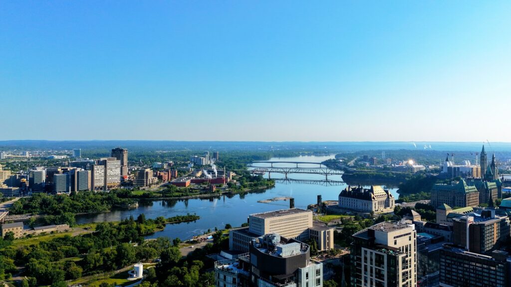 A view from the sky of Ottawa's Rideau Canal cutting through the city.