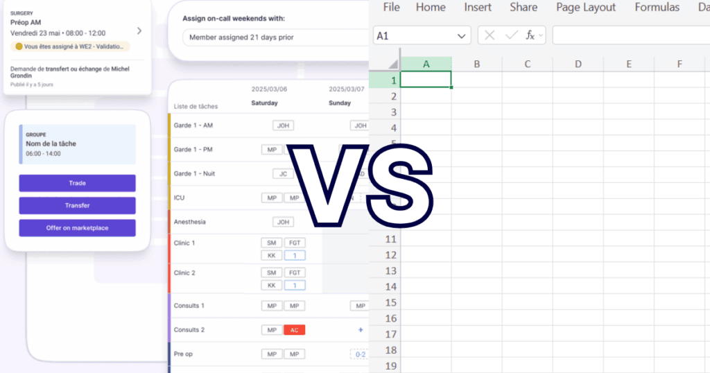 A graphic comparing Petal Automated Scheduling and a digital spreadsheet with "VS" in the middle.