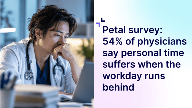 A graphic featuring a stressed doctor using a laptop on the left side and the article's title on the right side.